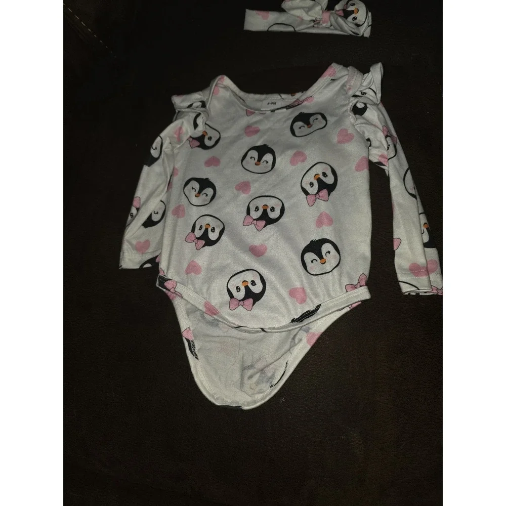 Boutique penguin‎ distressed overalls bodysuit headband size 6 9 months